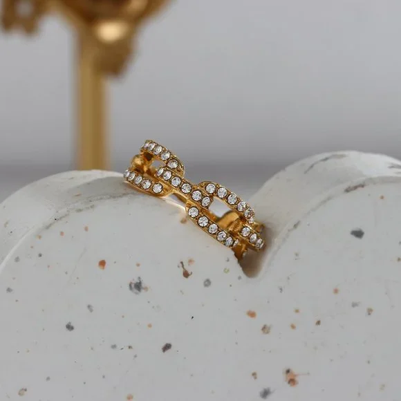 Chain Link Zircon‎ 18K Gold Plated Stainless Steel Ring Size 8 - Picture 7 of 12